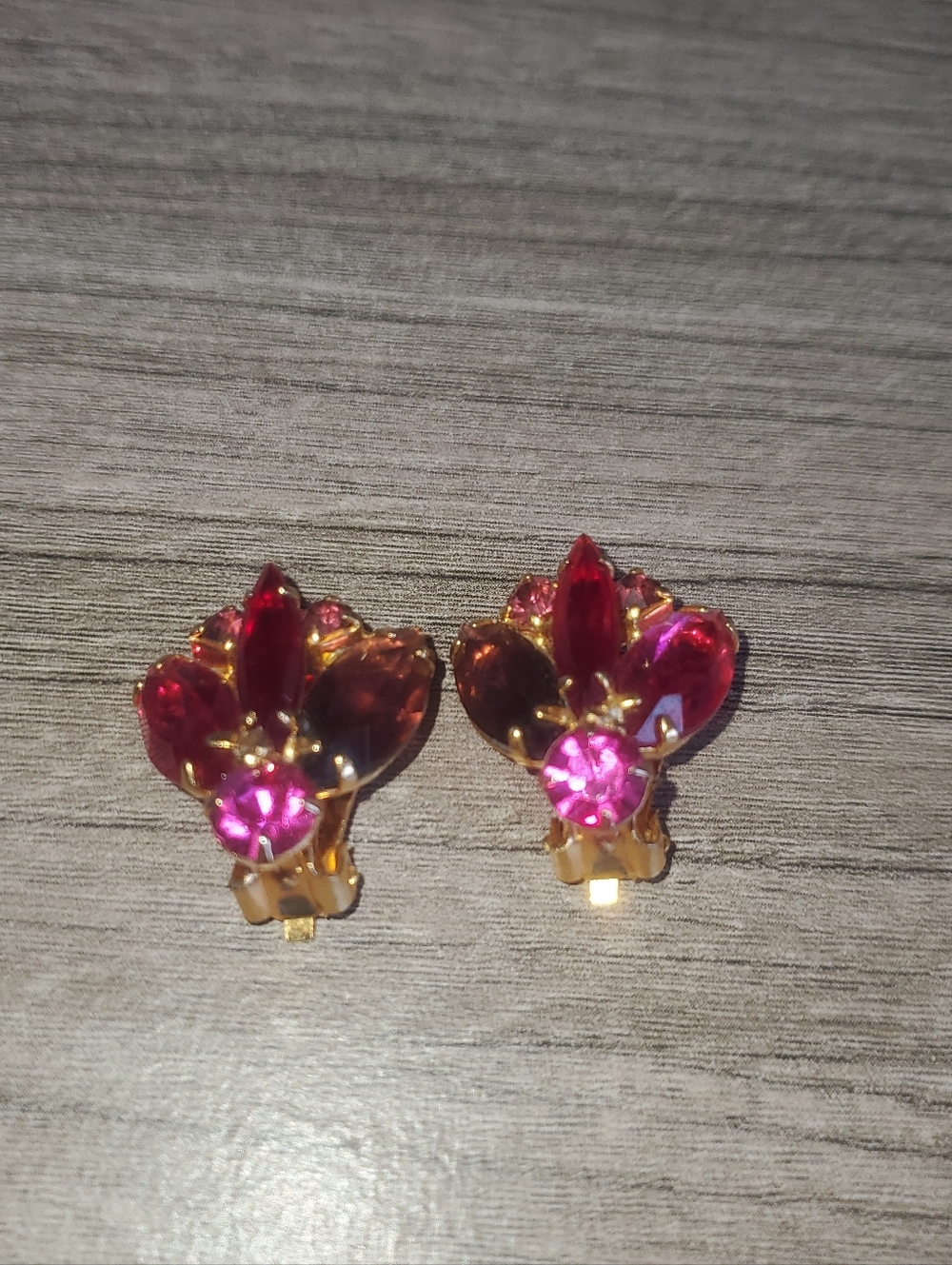 Gold-Tone Pink Crystal Floral Clip-On Earrings